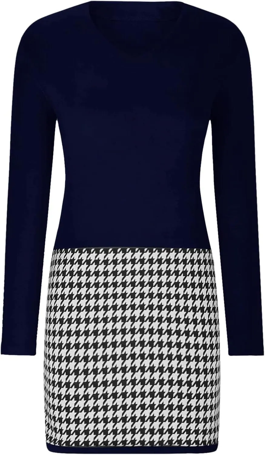 Womens Midi Patchwork Dress Long Sleeve V Neck Plaid Skirt Semi Formal Fit Business Casual Outfits Work Dress Clothes