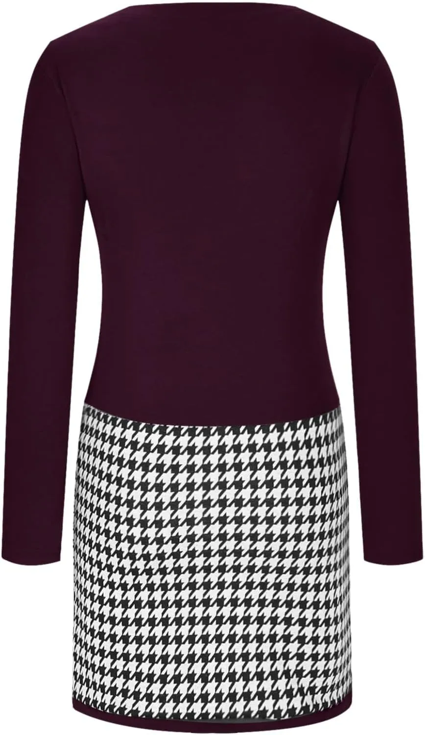Womens Midi Patchwork Dress Long Sleeve V Neck Plaid Skirt Semi Formal Fit Business Casual Outfits Work Dress Clothes