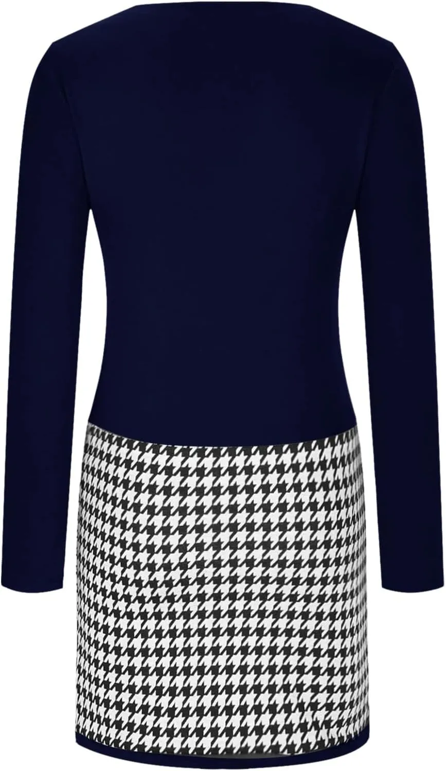 Womens Midi Patchwork Dress Long Sleeve V Neck Plaid Skirt Semi Formal Fit Business Casual Outfits Work Dress Clothes