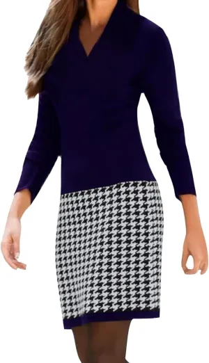Womens Midi Patchwork Dress Long Sleeve V Neck Plaid Skirt Semi Formal Fit Business Casual Outfits Work Dress Clothes