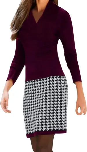 Womens Midi Patchwork Dress Long Sleeve V Neck Plaid Skirt Semi Formal Fit Business Casual Outfits Work Dress Clothes
