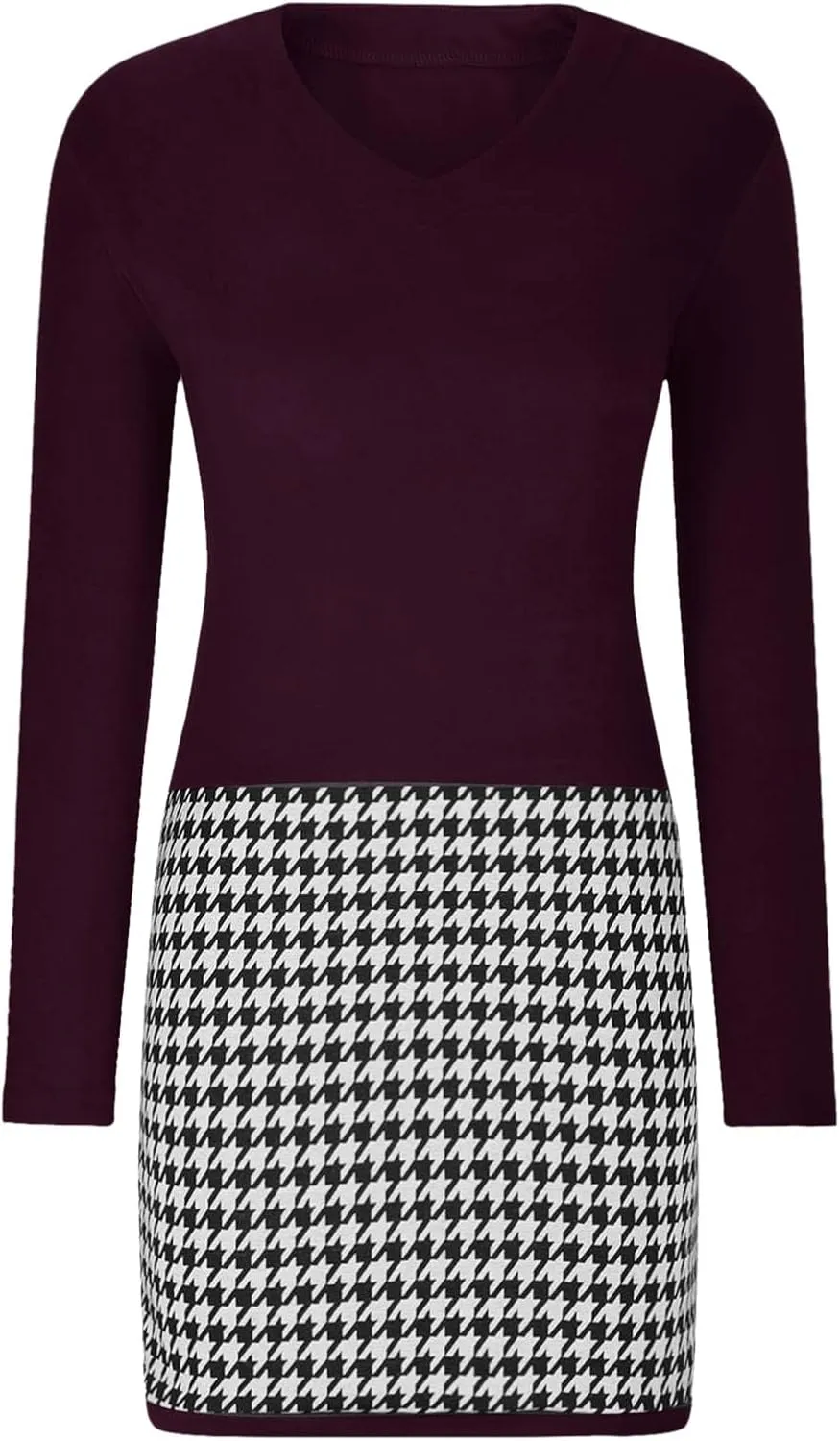 Womens Midi Patchwork Dress Long Sleeve V Neck Plaid Skirt Semi Formal Fit Business Casual Outfits Work Dress Clothes