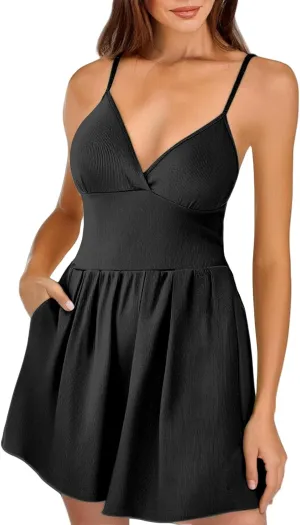 Womens Mini Dress Built in Shorts Summer Sexy Deep V Sleeveless Adjustable Spaghetti Strap Dresses Tunic Sundresses