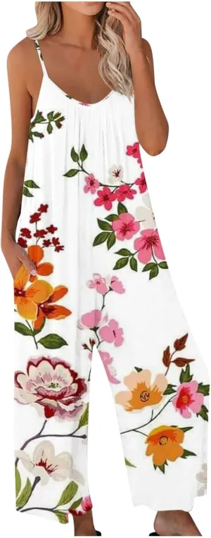 Womens Overalls Pants One Piece for Women Floral Graphic Loose Fit Flare Wide Leg Summer Fall Pants 2025