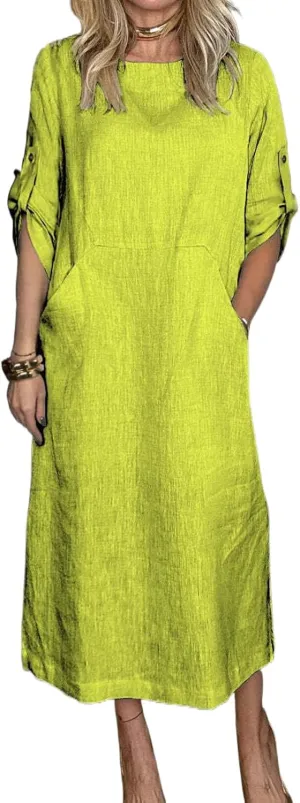 Women's Oversize Tunic Dress Cotton and Linen Long Sleeve Round Neck T Shirts Dresses Casual Solid Dress with Pockets