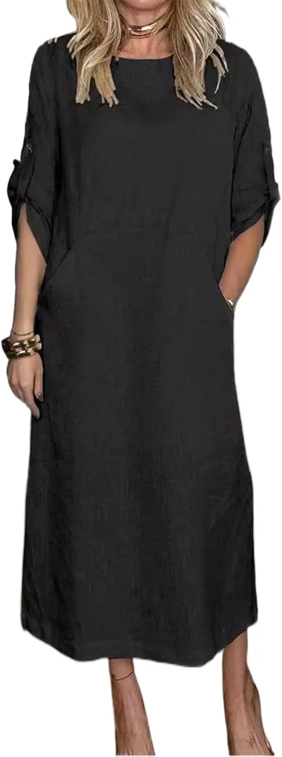 Women's Oversize Tunic Dress Cotton and Linen Long Sleeve Round Neck T Shirts Dresses Casual Solid Dress with Pockets