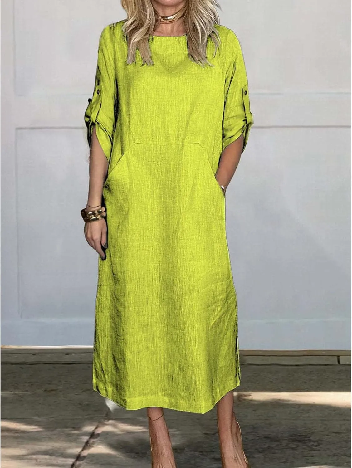 Women's Oversize Tunic Dress Cotton and Linen Long Sleeve Round Neck T Shirts Dresses Casual Solid Dress with Pockets
