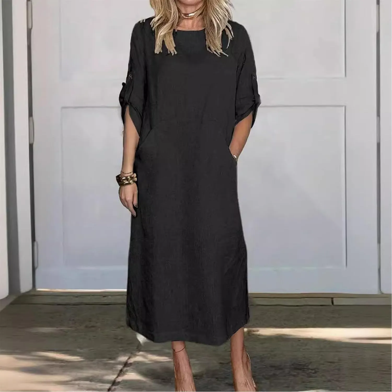Women's Oversize Tunic Dress Cotton and Linen Long Sleeve Round Neck T Shirts Dresses Casual Solid Dress with Pockets