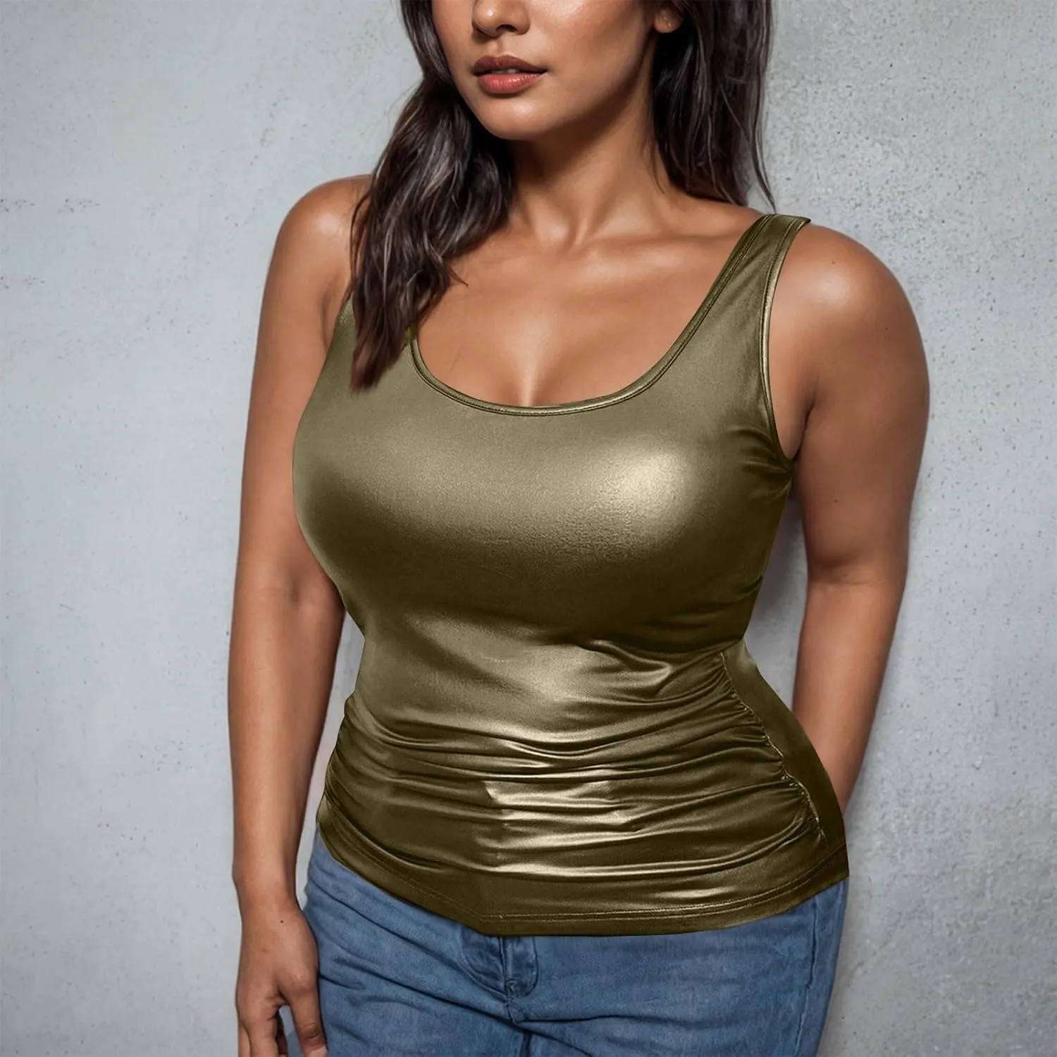 Women's Plus Size Faux Leather Slim Fit Tank Top Round Neck Sleeveless Shirts Going Out Streetwear Party Clubwear