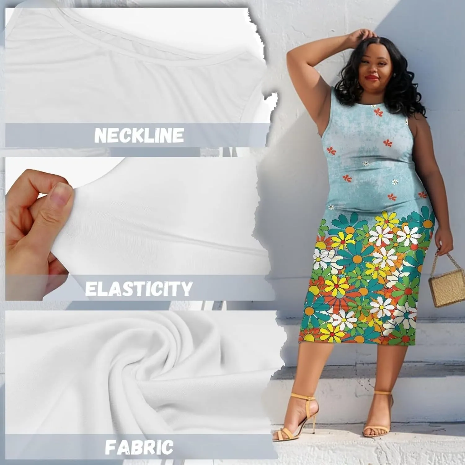 Women's Plus Size Floral Dress for Women Casual Sleeveless Midi Dress Comfy Crewneck Wrap Dress Bodycon Dress