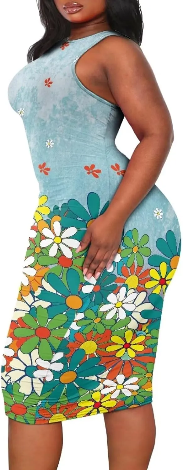 Women's Plus Size Floral Dress for Women Casual Sleeveless Midi Dress Comfy Crewneck Wrap Dress Bodycon Dress