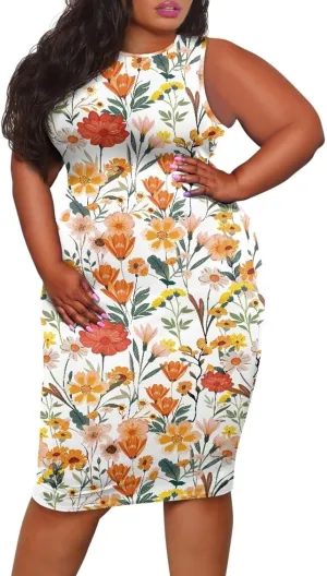 Women's Plus Size Floral Dress for Women Casual Sleeveless Midi Dress Comfy Crewneck Wrap Dress Bodycon Dress