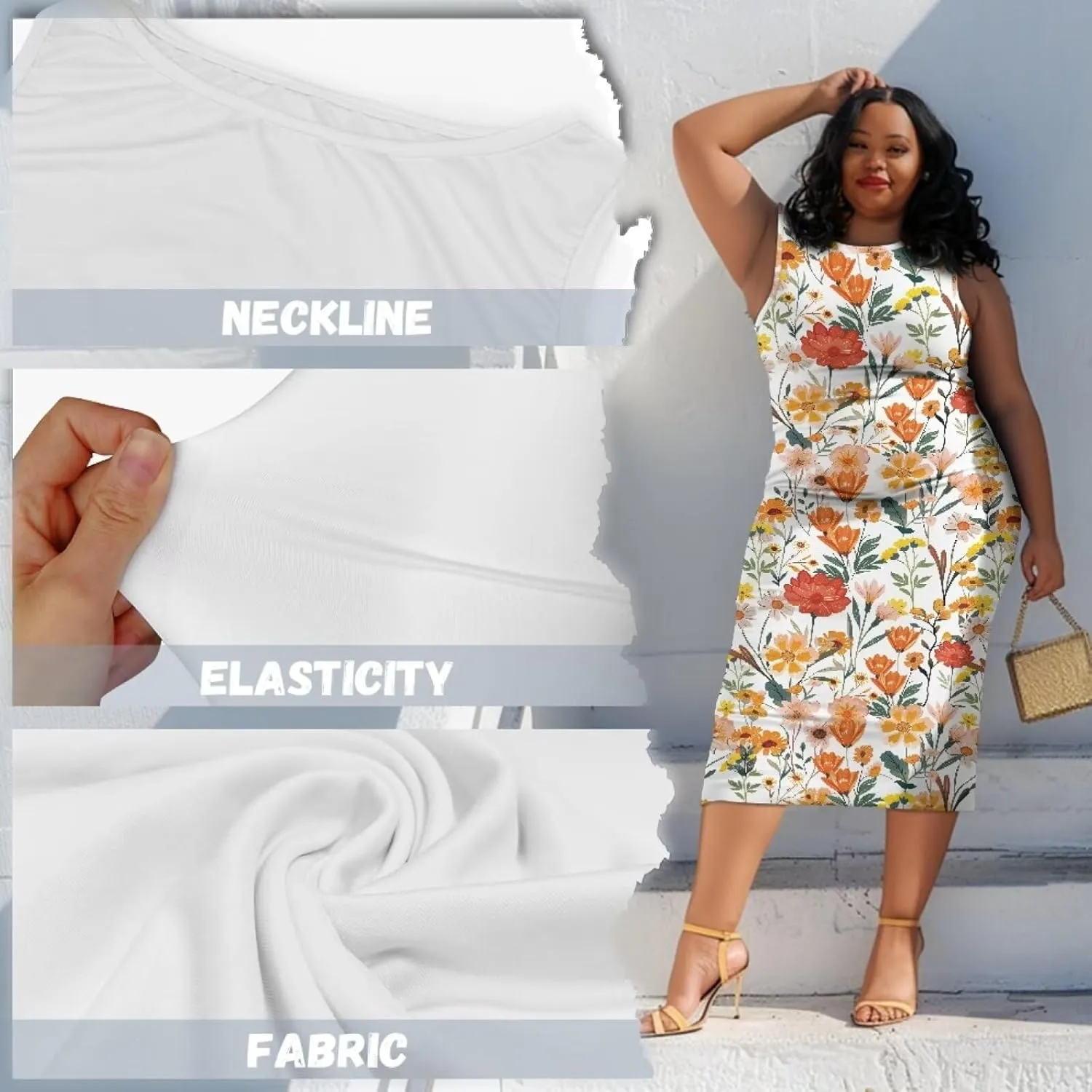 Women's Plus Size Floral Dress for Women Casual Sleeveless Midi Dress Comfy Crewneck Wrap Dress Bodycon Dress