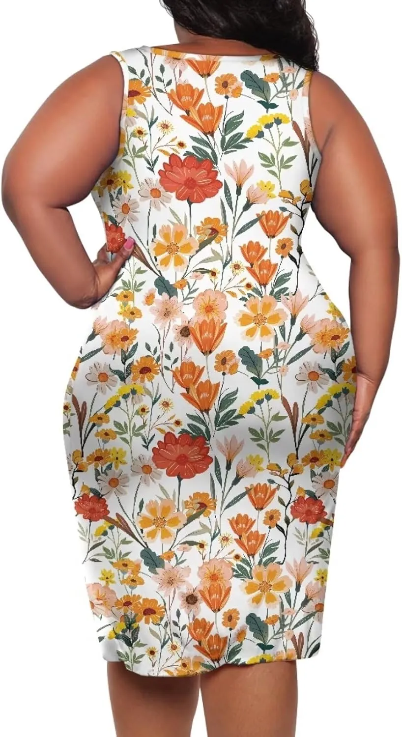 Women's Plus Size Floral Dress for Women Casual Sleeveless Midi Dress Comfy Crewneck Wrap Dress Bodycon Dress