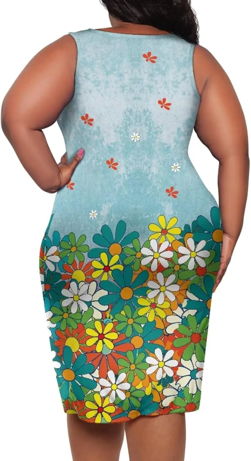 Women's Plus Size Floral Dress for Women Casual Sleeveless Midi Dress Comfy Crewneck Wrap Dress Bodycon Dress