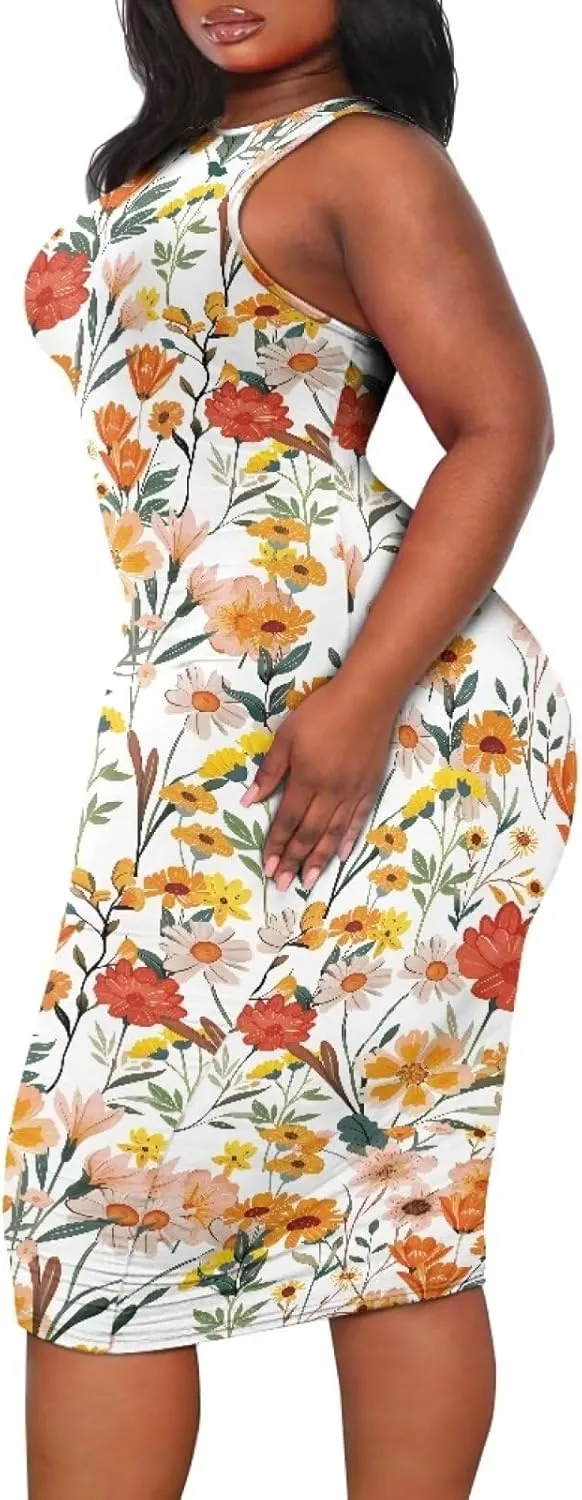Women's Plus Size Floral Dress for Women Casual Sleeveless Midi Dress Comfy Crewneck Wrap Dress Bodycon Dress