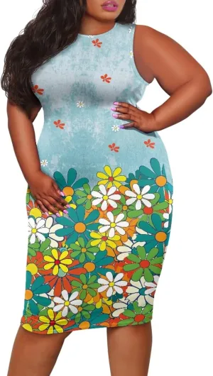 Women's Plus Size Floral Dress for Women Casual Sleeveless Midi Dress Comfy Crewneck Wrap Dress Bodycon Dress