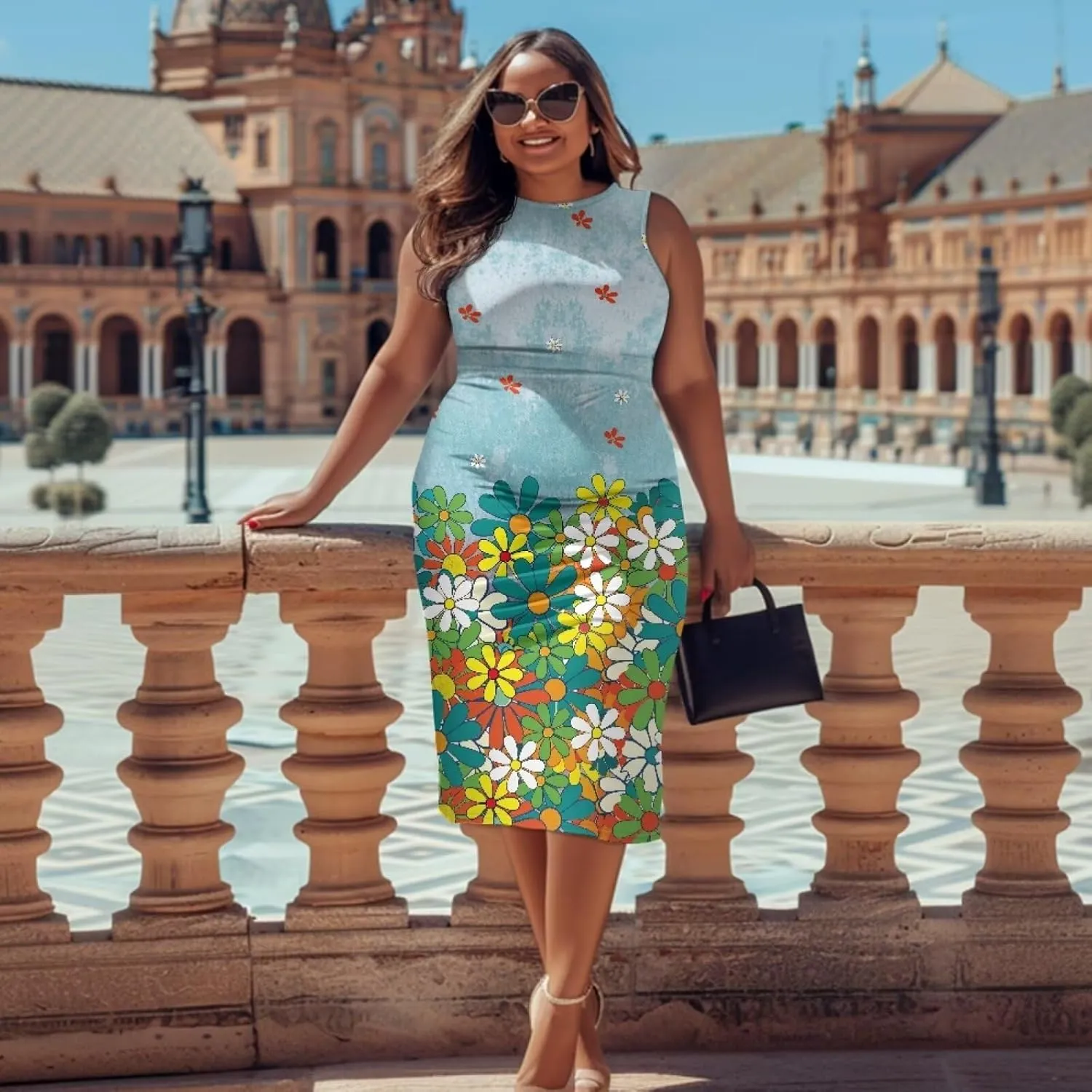 Women's Plus Size Floral Dress for Women Casual Sleeveless Midi Dress Comfy Crewneck Wrap Dress Bodycon Dress