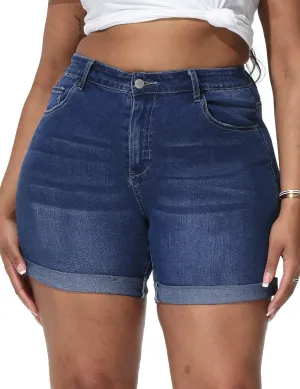 Womens Plus Size Jean Shorts Stretchy High Waisted Distressed Fold Hem Denim Shorts