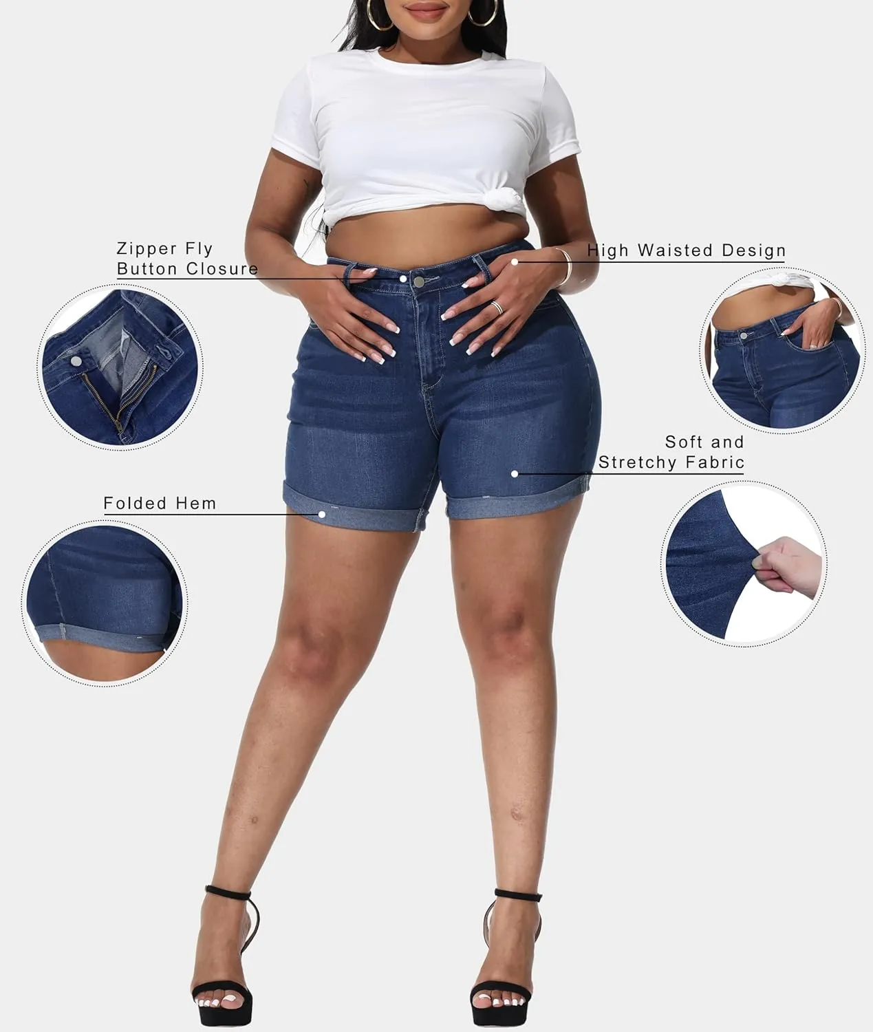 Womens Plus Size Jean Shorts Stretchy High Waisted Distressed Fold Hem Denim Shorts