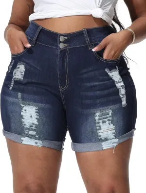 Womens Plus Size Jean Shorts Stretchy High Waisted Distressed Fold Hem Denim Shorts