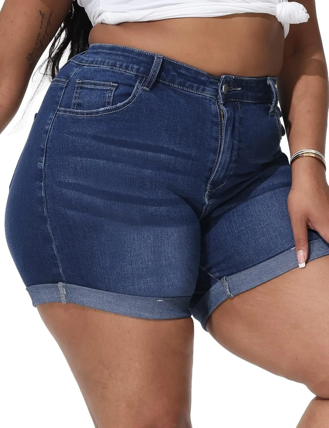Womens Plus Size Jean Shorts Stretchy High Waisted Distressed Fold Hem Denim Shorts