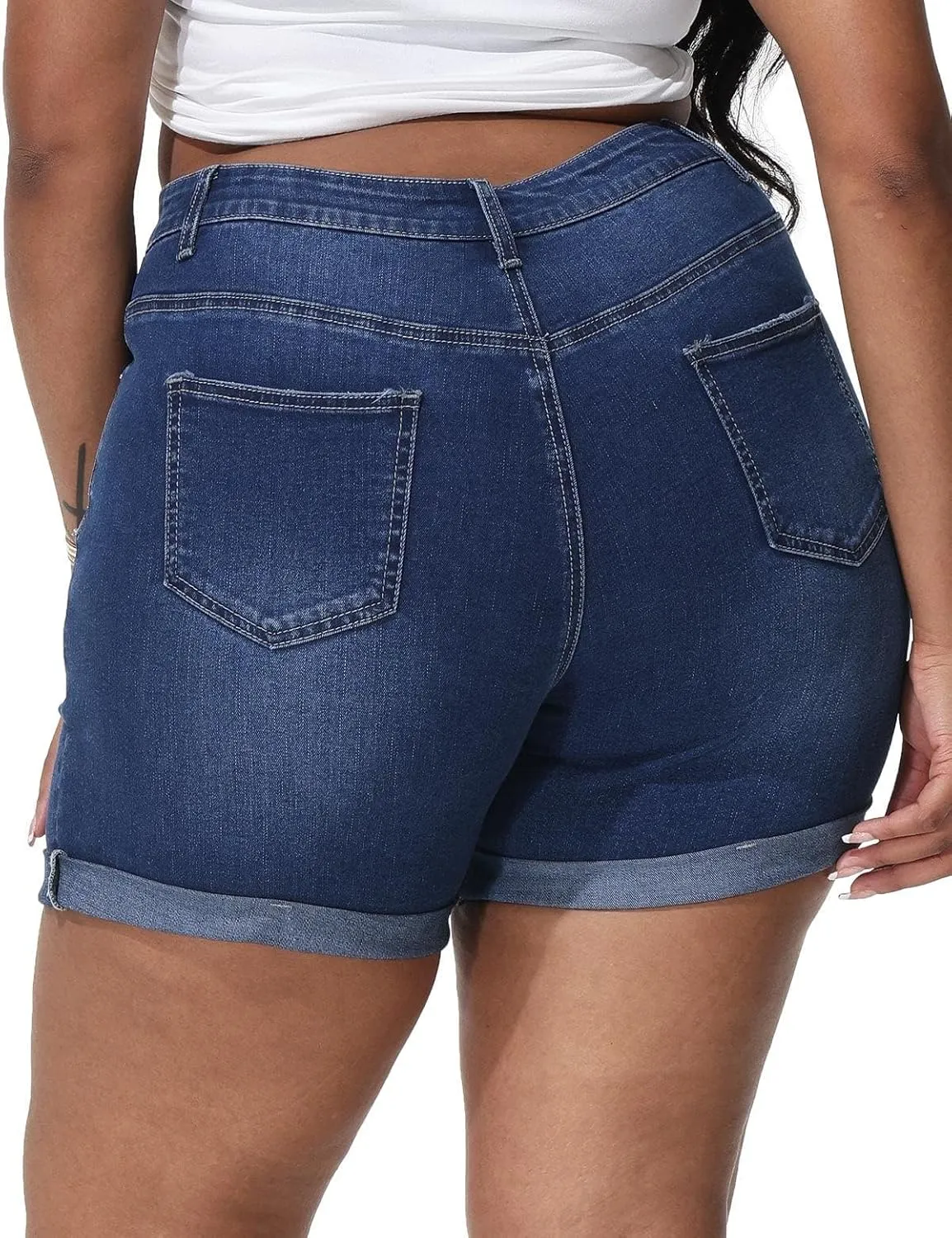 Womens Plus Size Jean Shorts Stretchy High Waisted Distressed Fold Hem Denim Shorts