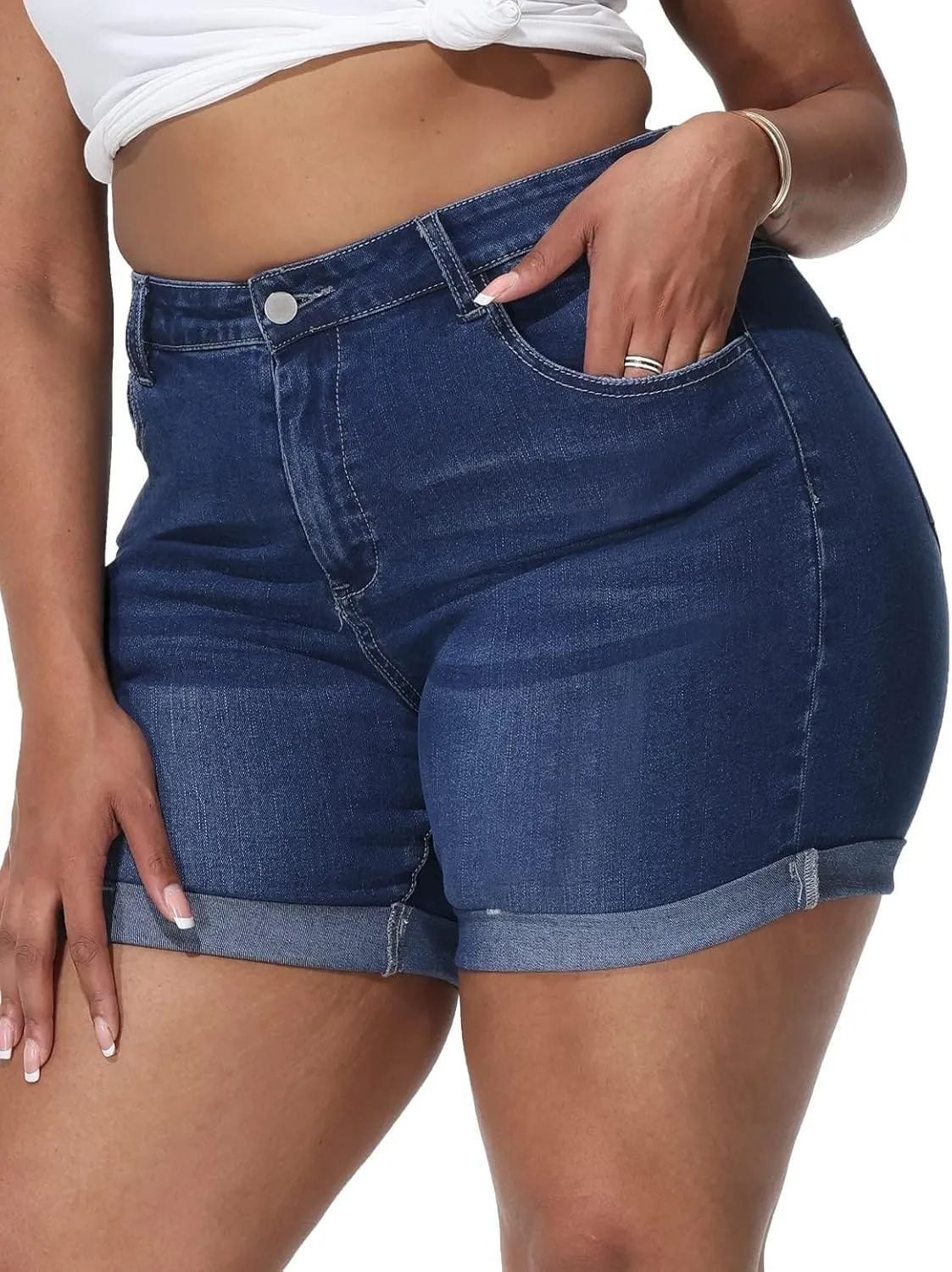 Womens Plus Size Jean Shorts Stretchy High Waisted Distressed Fold Hem Denim Shorts