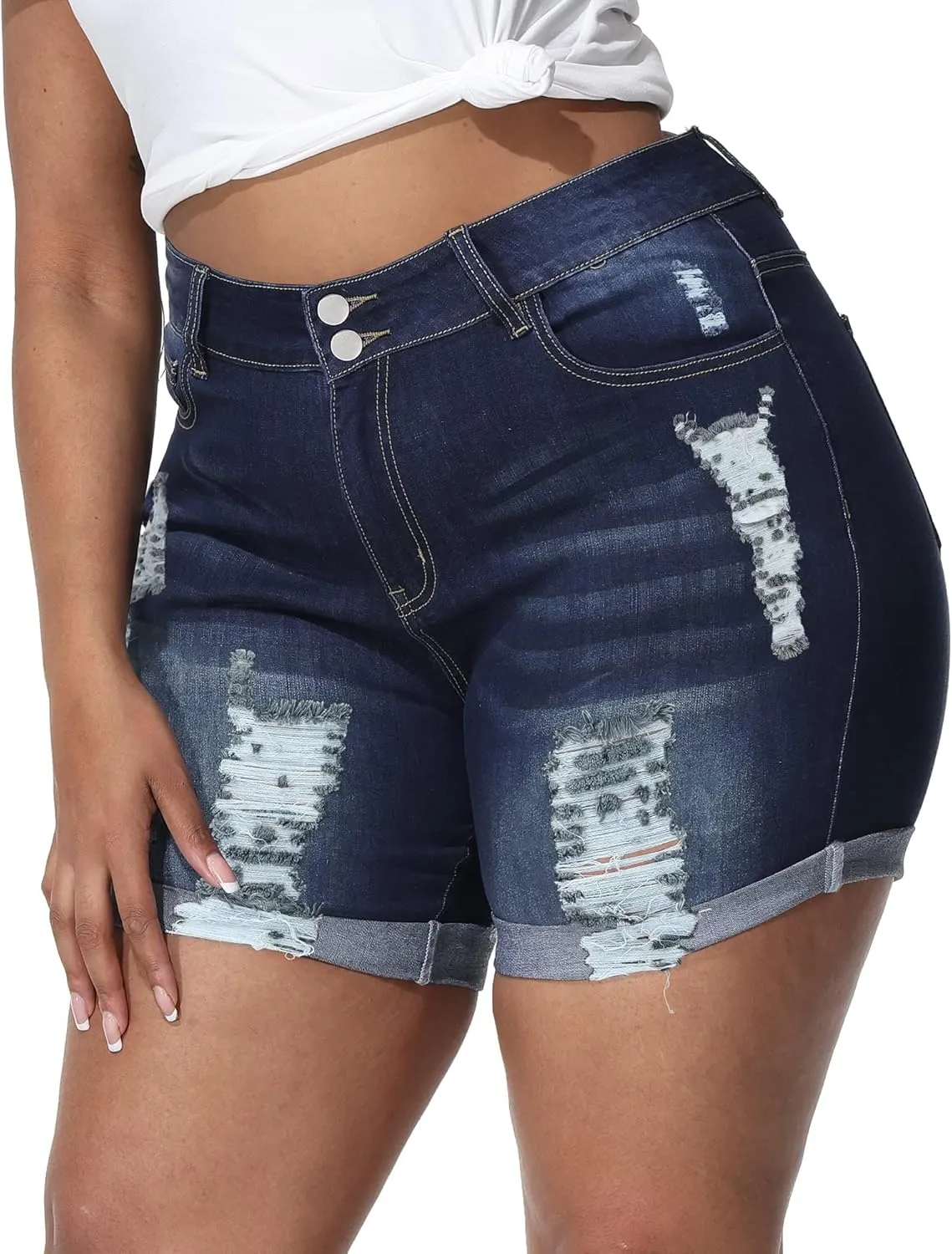 Womens Plus Size Jean Shorts Stretchy High Waisted Distressed Fold Hem Denim Shorts