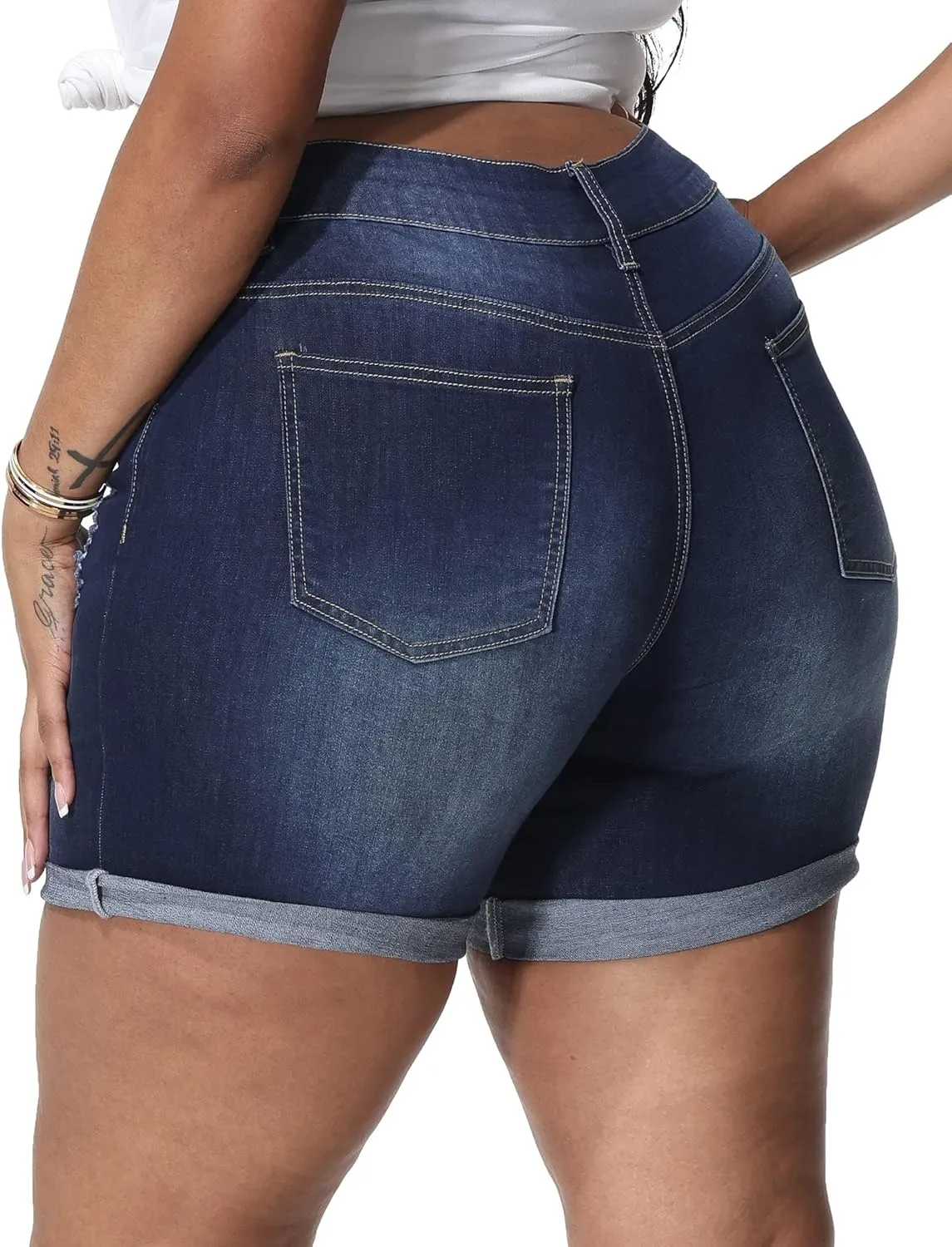Womens Plus Size Jean Shorts Stretchy High Waisted Distressed Fold Hem Denim Shorts