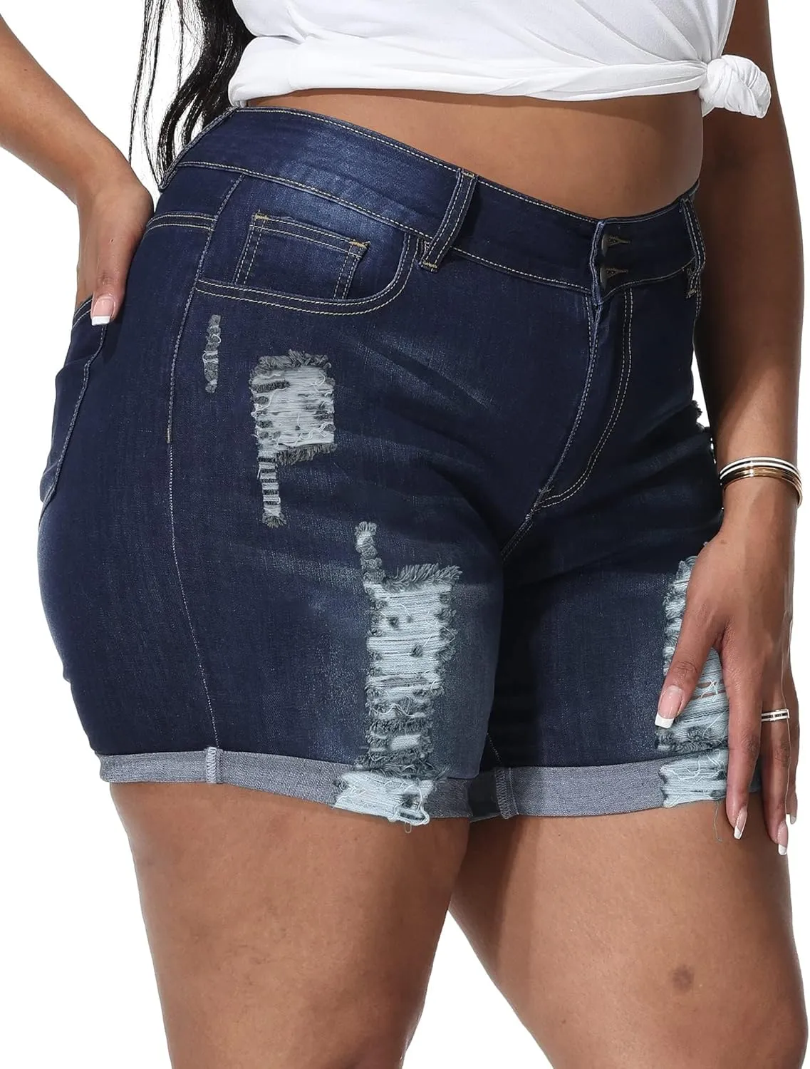 Womens Plus Size Jean Shorts Stretchy High Waisted Distressed Fold Hem Denim Shorts