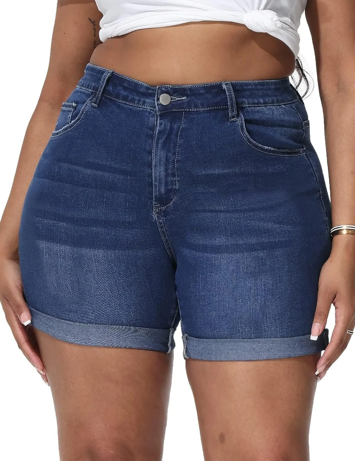 Womens Plus Size Jean Shorts Stretchy High Waisted Distressed Fold Hem Denim Shorts