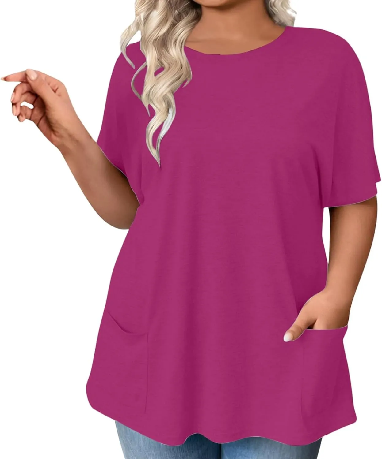 Womens Plus Size Tops Casual Short Sleeve Round Neck T Shirt Loose Fit Tunic Blouse Loose Fashion Tunics with Pocket