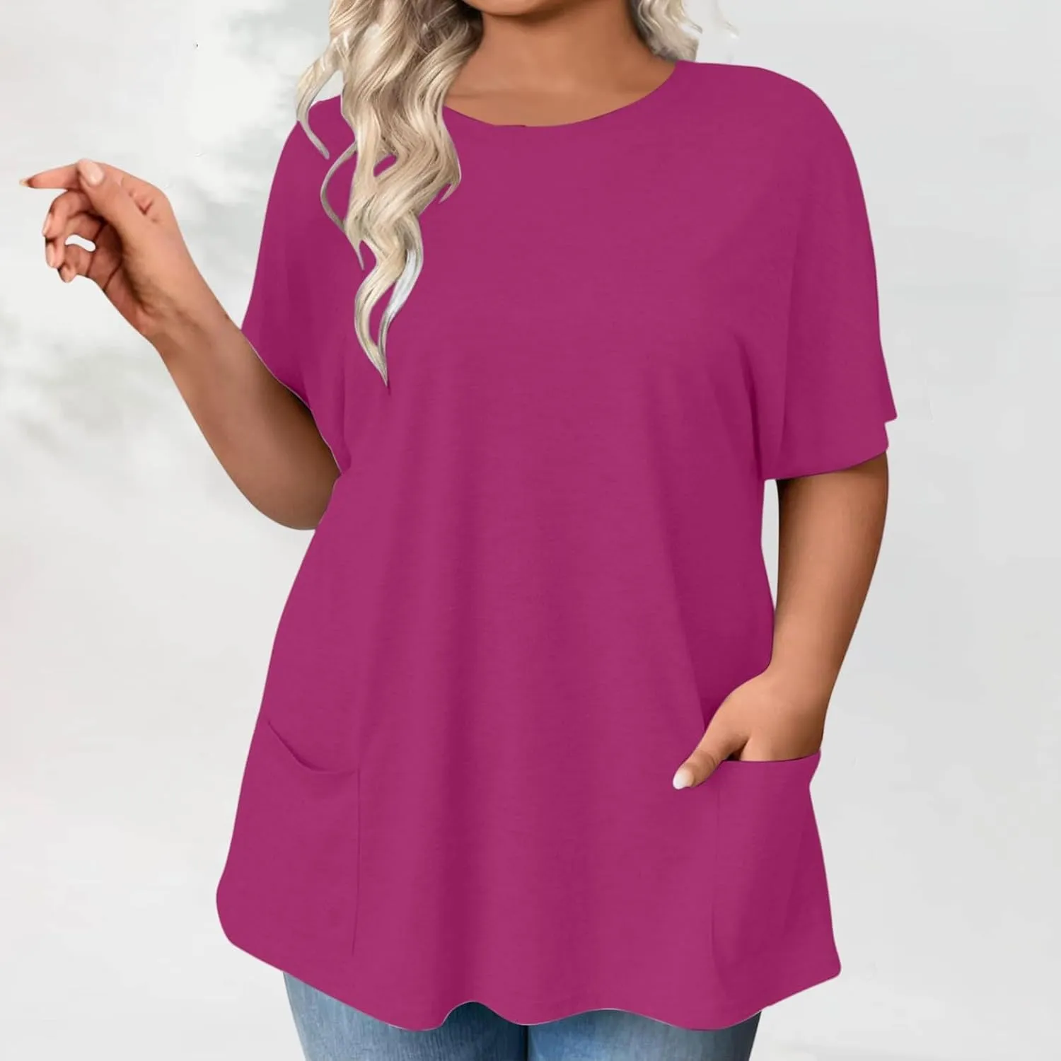 Womens Plus Size Tops Casual Short Sleeve Round Neck T Shirt Loose Fit Tunic Blouse Loose Fashion Tunics with Pocket