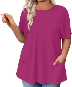 Womens Plus Size Tops Casual Short Sleeve Round Neck T Shirt Loose Fit Tunic Blouse Loose Fashion Tunics with Pocket