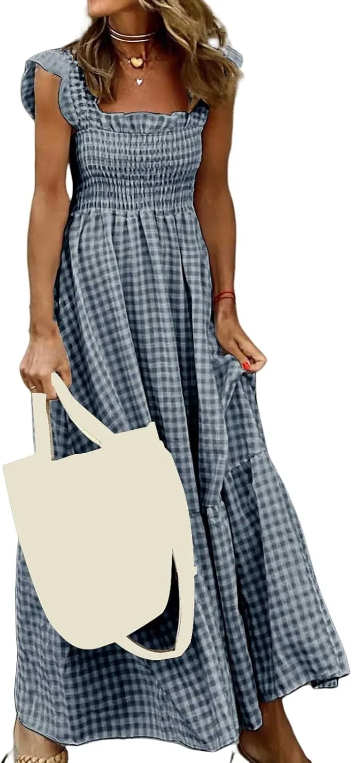 Women's Retro Plaid Smocked Dress Casual Summer Spaghetti Strap Square Neck Maxi Dress Flowy A-Line Long Beach Sundress