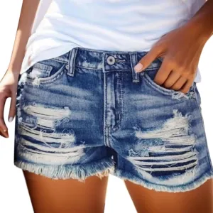 Women's Ripped Distressed Jean Shorts Cutoff Stretchy Denim Shorts Summer High Waisted Lightweight Jorts with Pockets