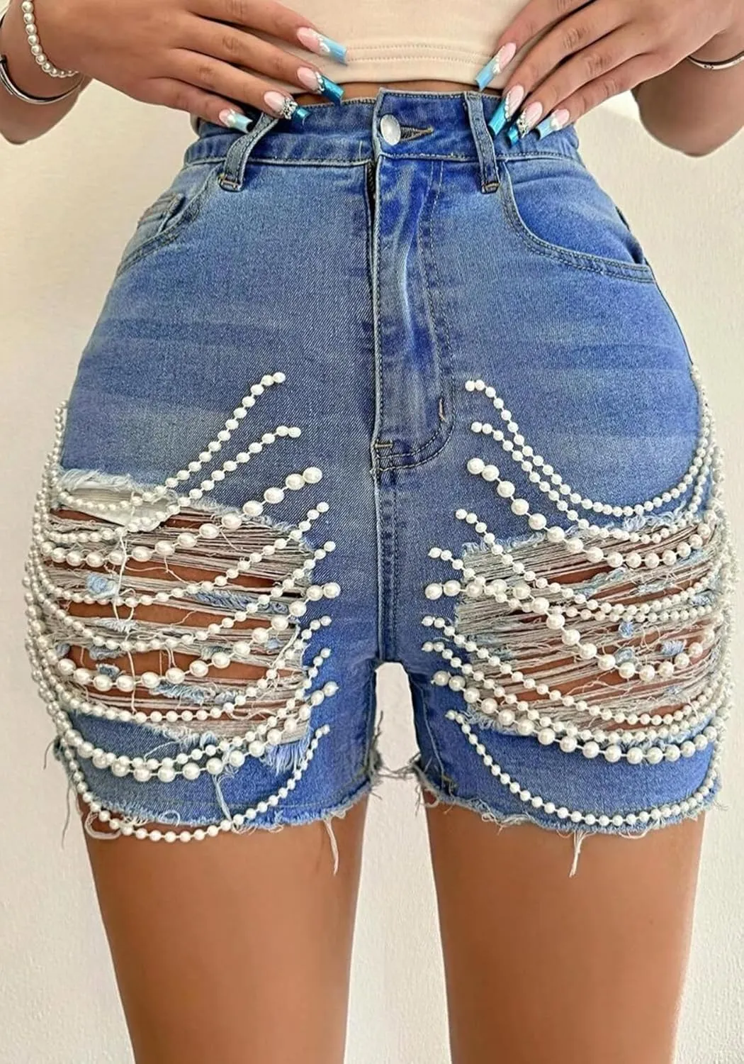 Womens Ripped Jean Shorts Stretch High Waisted Pearl Chains Frayed Distressed Denim Shorts Party Clubwear