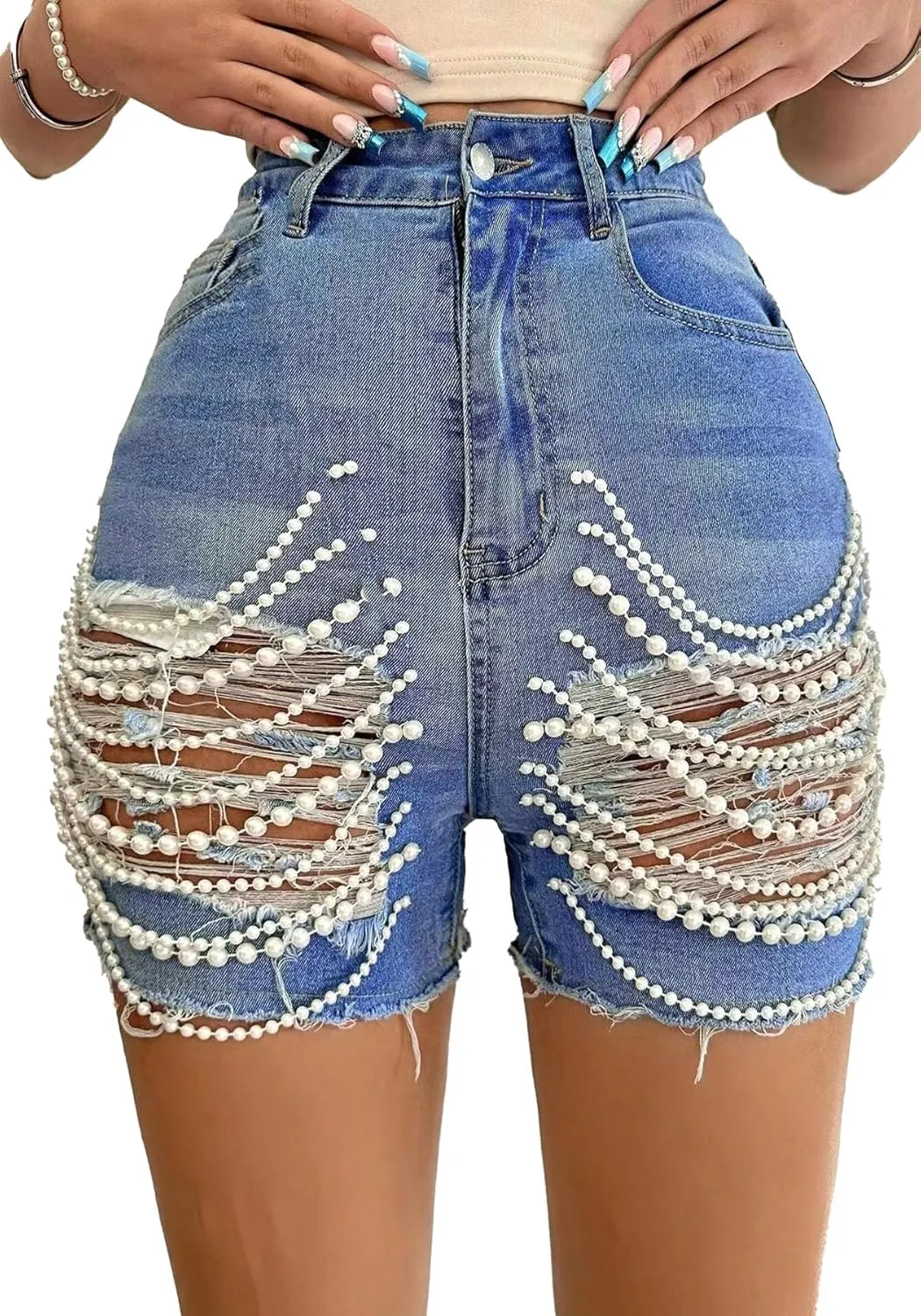 Womens Ripped Jean Shorts Stretch High Waisted Pearl Chains Frayed Distressed Denim Shorts Party Clubwear