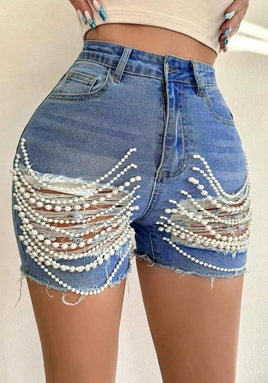 Womens Ripped Jean Shorts Stretch High Waisted Pearl Chains Frayed Distressed Denim Shorts Party Clubwear