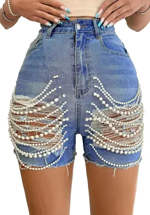 Womens Ripped Jean Shorts Stretch High Waisted Pearl Chains Frayed Distressed Denim Shorts Party Clubwear