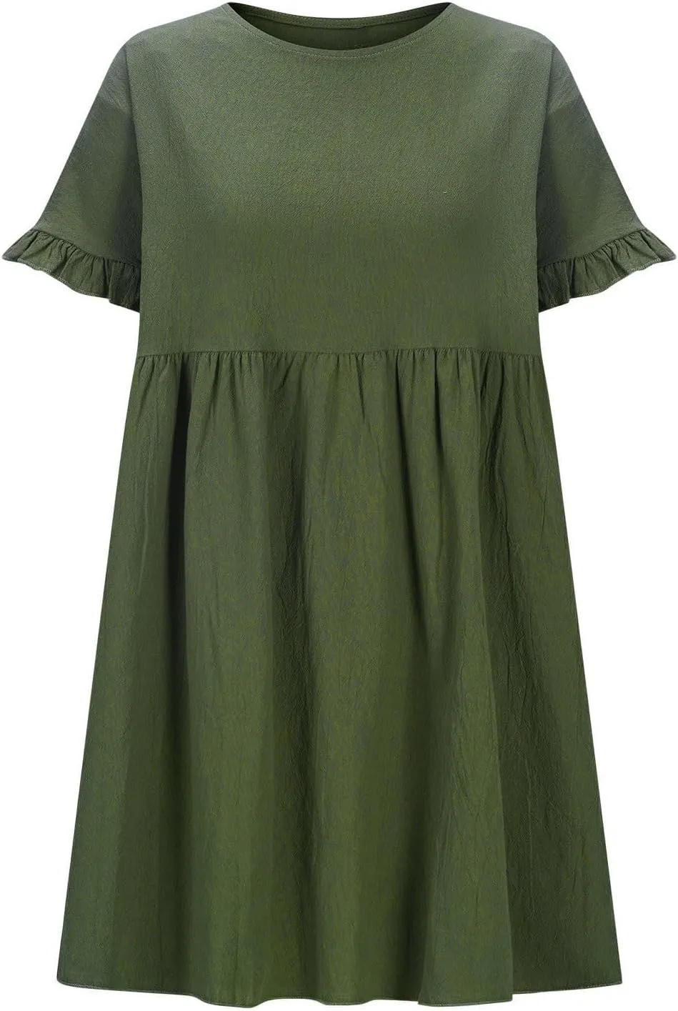 Women's Round Neck Loose Cotton and Linen Dress Ruffle Short Sleeve Swing Hem Dresses Cute A Line Tunic Sundress