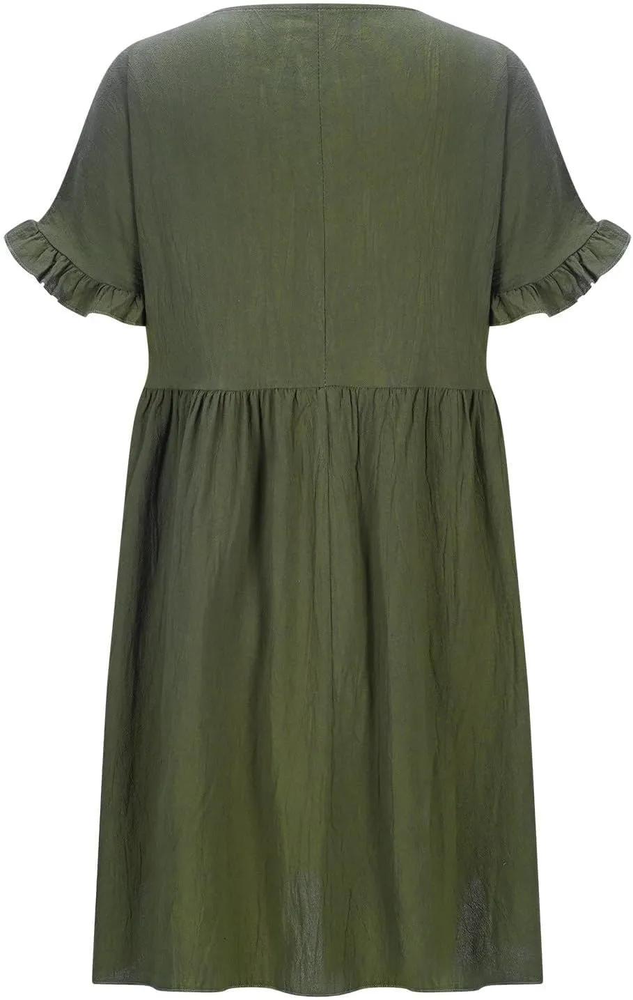 Women's Round Neck Loose Cotton and Linen Dress Ruffle Short Sleeve Swing Hem Dresses Cute A Line Tunic Sundress