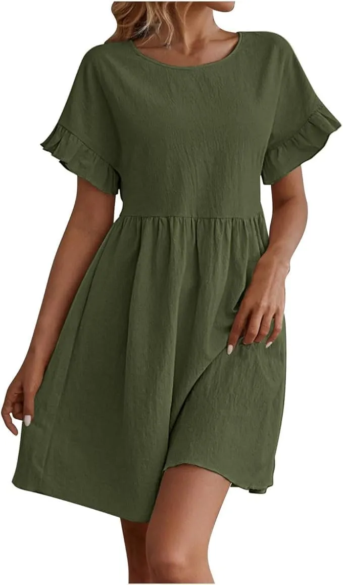 Women's Round Neck Loose Cotton and Linen Dress Ruffle Short Sleeve Swing Hem Dresses Cute A Line Tunic Sundress