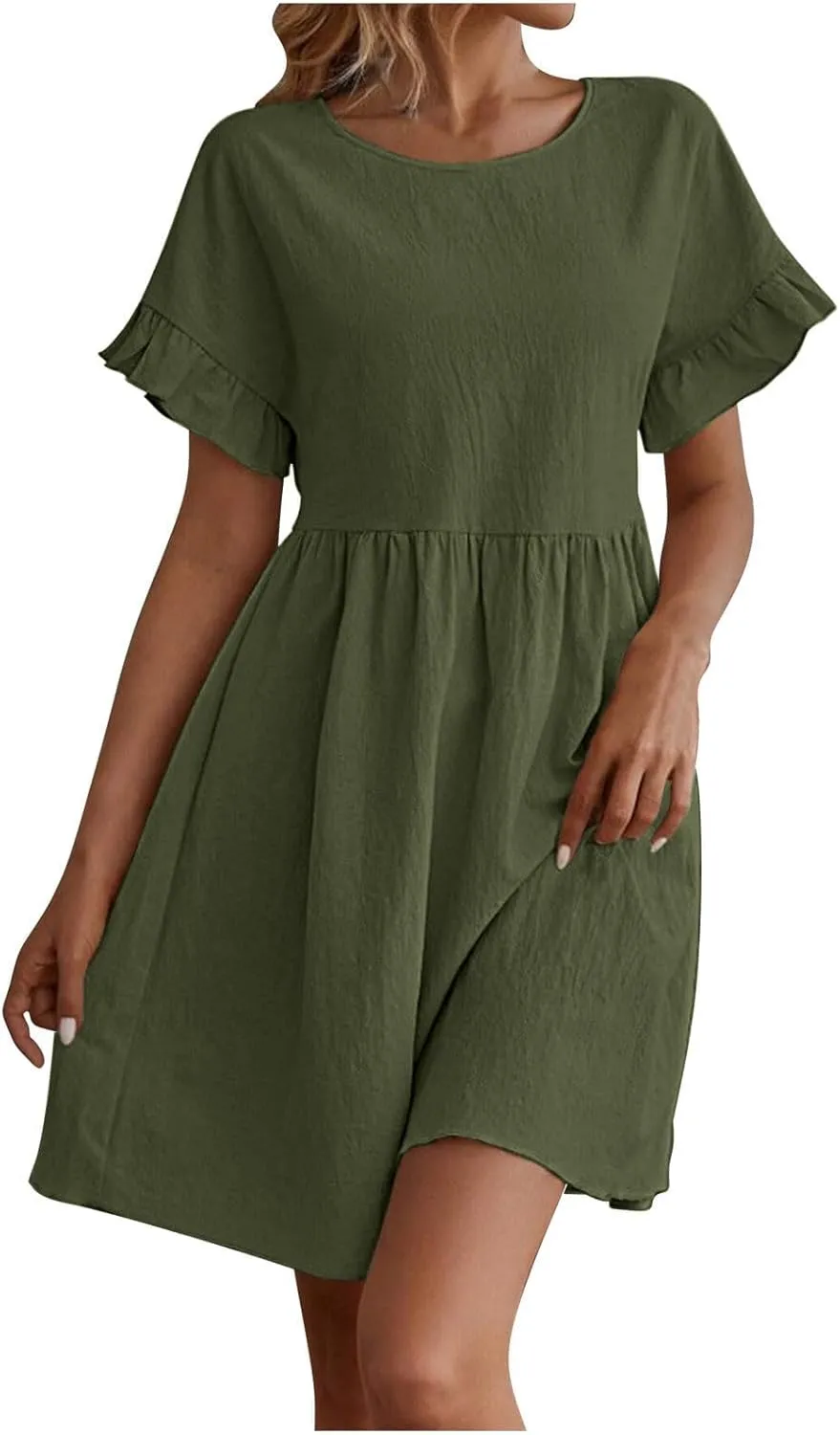 Women's Round Neck Loose Cotton and Linen Dress Ruffle Short Sleeve Swing Hem Dresses Cute A Line Tunic Sundress