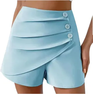 Women's Ruched Wrap Asymmetrical Skorts Short Women High Waist Pleated Wide Leg Skort Button Front Casual Dress Short
