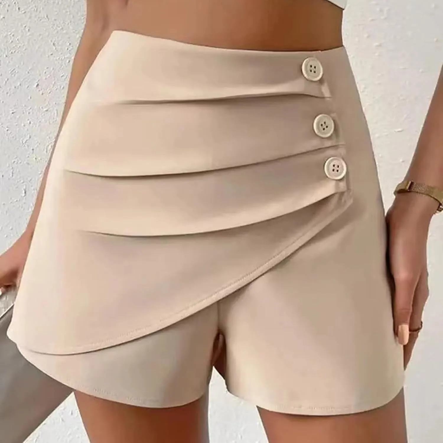 Women's Ruched Wrap Asymmetrical Skorts Short Women High Waist Pleated Wide Leg Skort Button Front Casual Dress Short