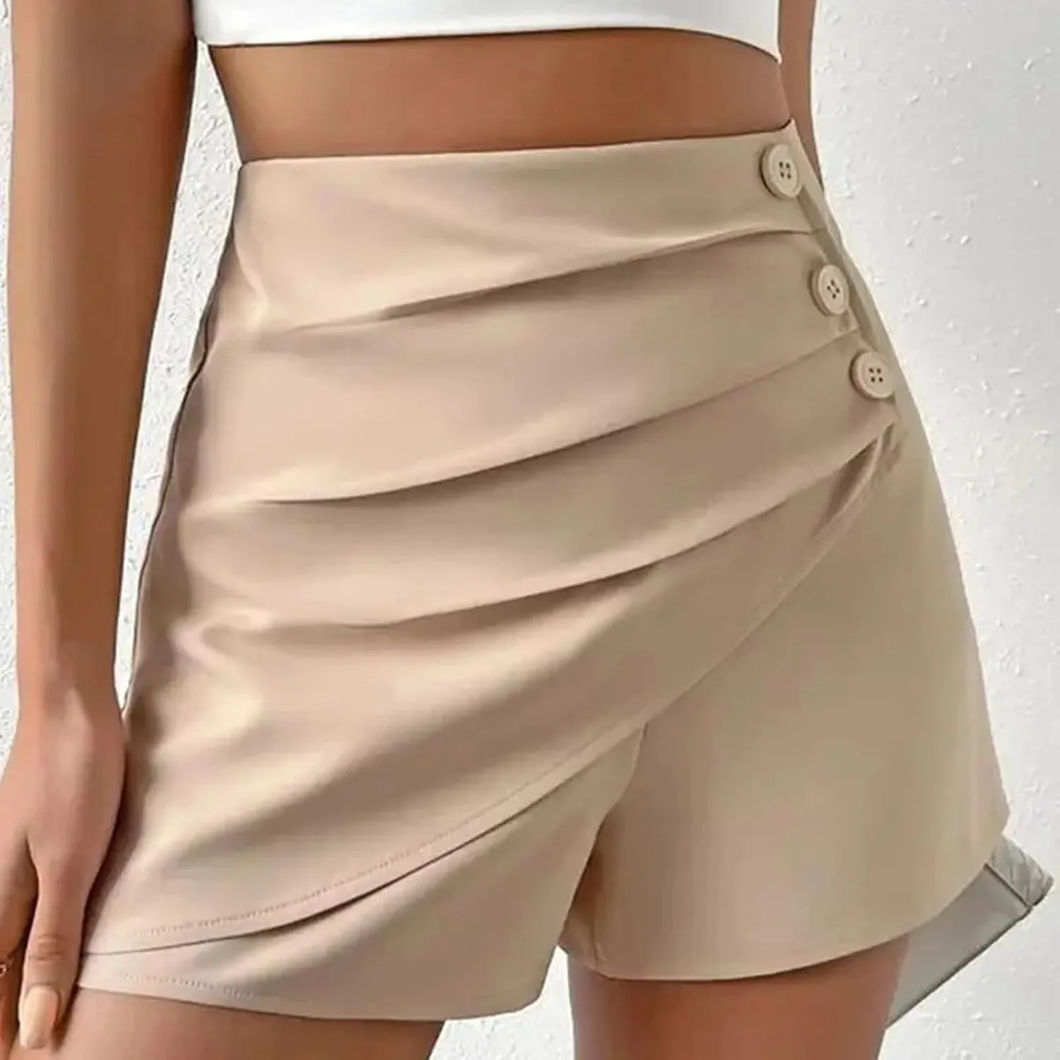 Women's Ruched Wrap Asymmetrical Skorts Short Women High Waist Pleated Wide Leg Skort Button Front Casual Dress Short