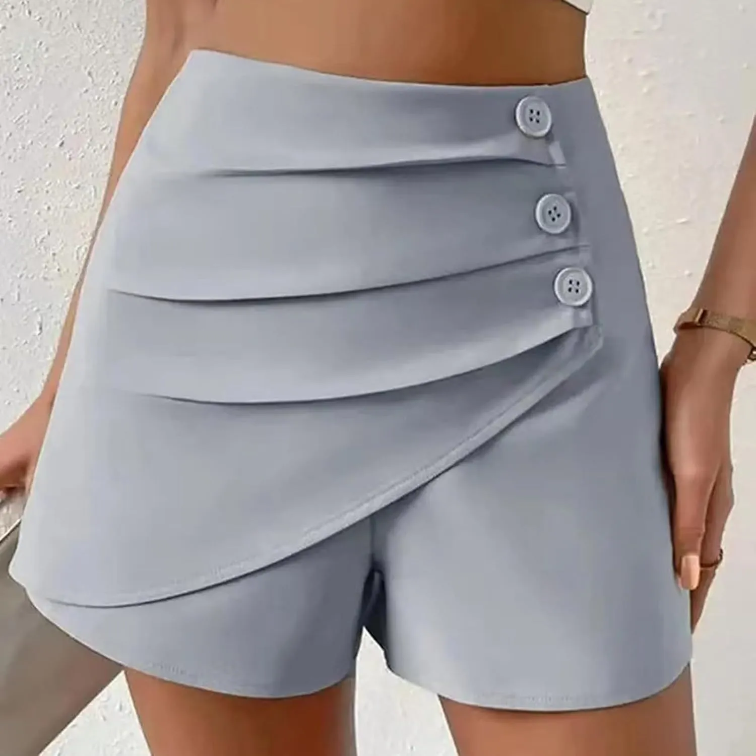 Women's Ruched Wrap Asymmetrical Skorts Short Women High Waist Pleated Wide Leg Skort Button Front Casual Dress Short