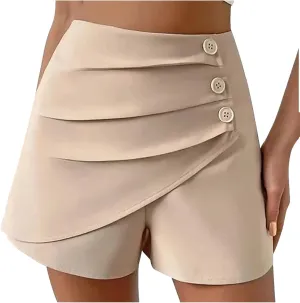 Women's Ruched Wrap Asymmetrical Skorts Short Women High Waist Pleated Wide Leg Skort Button Front Casual Dress Short
